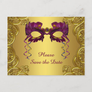 Carte Postale Faire-part Purple and Gold Masquerade Party Enregistrer la da