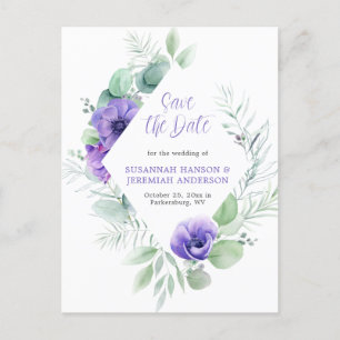 Carte Postale Faire-part Purple Anemones cadre vert Enregistrer la date
