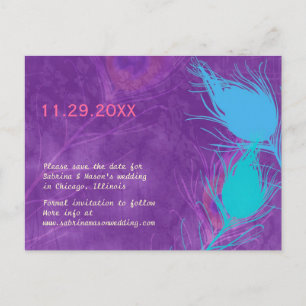 Carte Postale Faire-part Purple Blue Turquoise Peacock Mariage Enregistrer