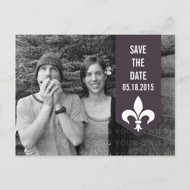 Carte Postale Faire-part Purple Chic Flourish Banner Enregistrer la date Ca (Devant)