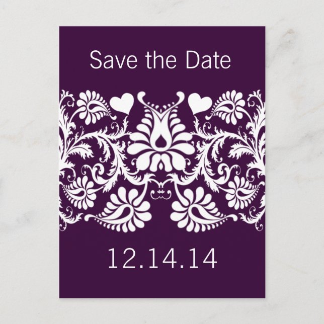 Carte Postale Faire-part Purple Damask Enregistrer la date (Devant)