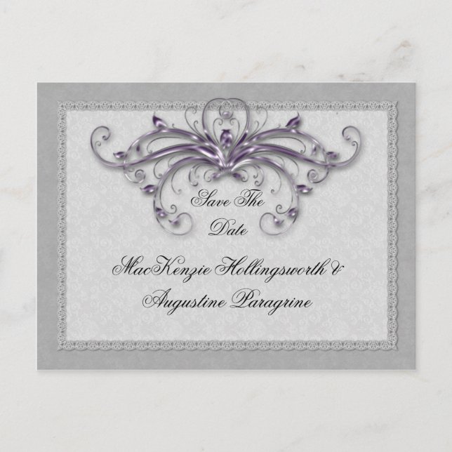 Carte Postale Faire-part Purple et Silver Swirls Enregistrer la date (Devant)