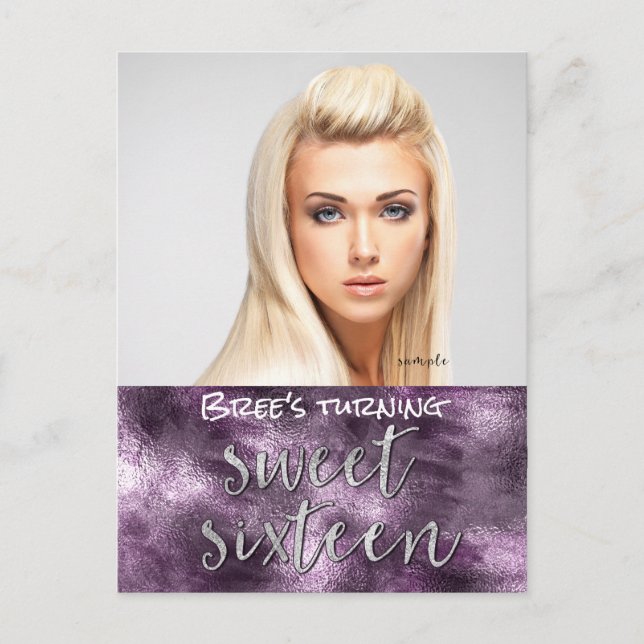 Carte Postale Faire-part Purple Faux Foil Glamour Chic Photo Sweet 16 (Devant)