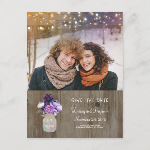 Carte Postale Faire-part Purple Floral Mason Jar Rustique Photo Enregistrer