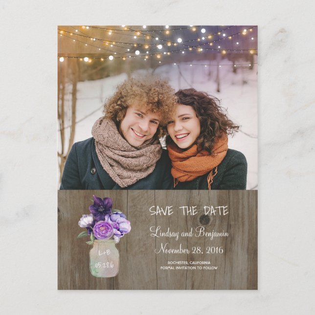 Carte Postale Faire-part Purple Floral Mason Jar Rustique Photo Enregistrer (Devant)