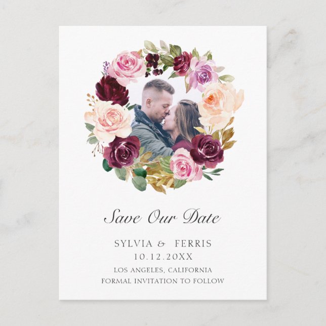 Carte Postale Faire-part Purple Floral Wreath Photo Enregistrer la date (Devant)