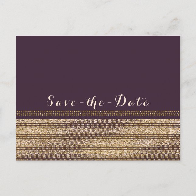 Carte Postale Faire-part Purple Gold Chic Sparkling Glam Enregistrer la dat (Devant)