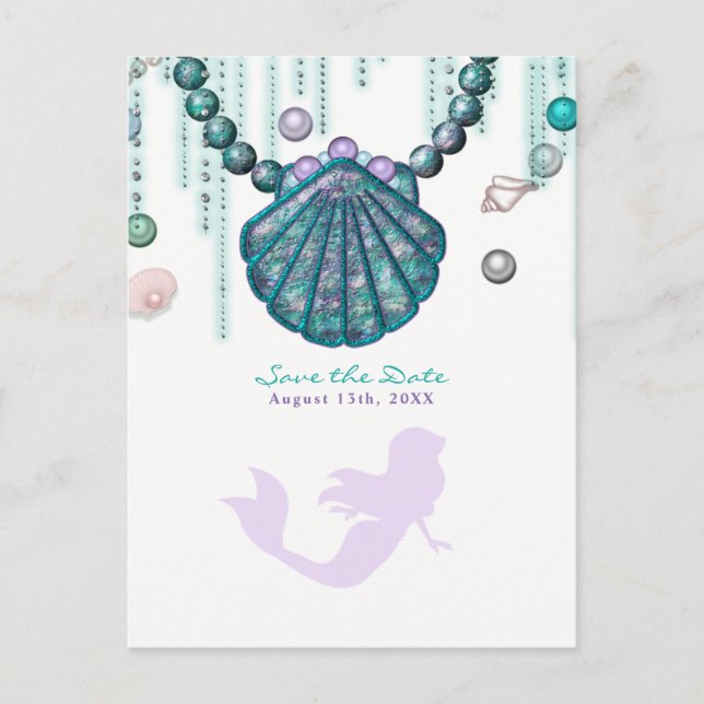 Carte Postale Faire-part Purple Mermaid Beach Bling Enregistrer la fête Dat (Devant)