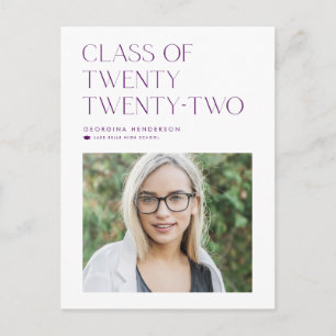 Carte Postale Faire-part Purple Minimaliste Classe de 2022 Photo Graduation