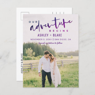 Carte Postale Faire-part Purple Our Adventure commence Photo Save the Date