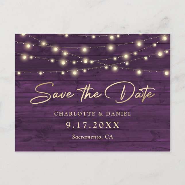 Carte Postale Faire-part Purple Rustic Wood String Lights Wedding (Devant)
