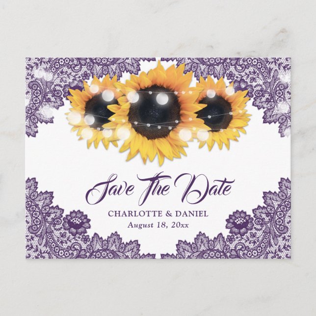 Carte Postale Faire-part Purple Sunflower Lace Wedding Save The Date (Devant)
