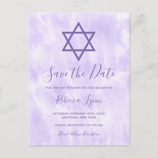 Carte Postale Faire-part Purple Tie Dye Bat mitzvah Enregistrer la date (Devant)