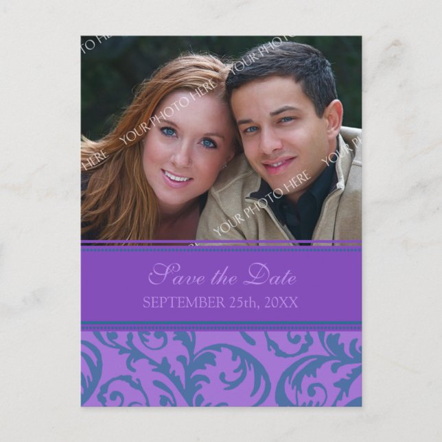 Carte Postale Faire-part Purple Turquoise Photo Enregistrer la date Mariage (Devant)