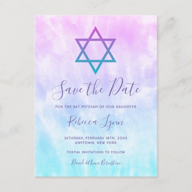 Carte Postale Faire-part Purple Turquoise Tie Dye Bat mitzvah Enregistrer l (Devant)