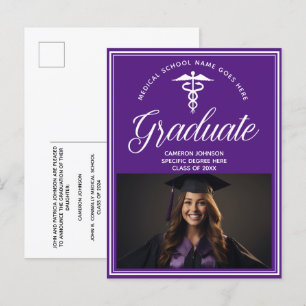 Carte Postale Faire-part Purple White Médicale School Photo Graduation