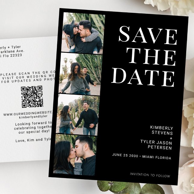 Carte Postale Faire-part QR CODE 4 photos typographie noir mariage (Créateur téléchargé)
