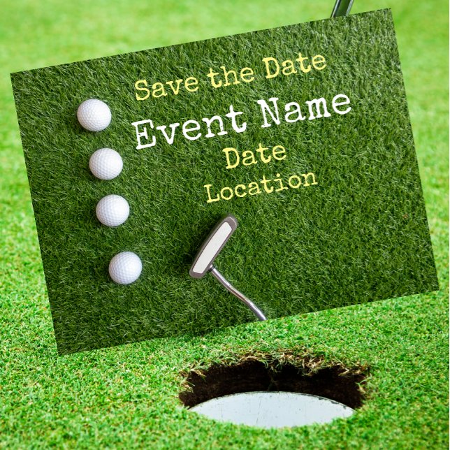 Carte Postale Faire-part Quatre balles de golf avec putter Save the Date (Créateur téléchargé)