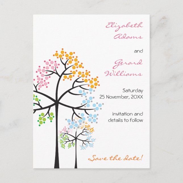 Carte Postale Faire-part Quatre Saisons Arbres Bois Mariage Sauvez La Date (Devant)