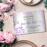Carte Postale Faire-part Quinceanera argent violet mousseux enregistrer la<br><div class="desc">Une fille et tendance Sauvez la Date pour une Quinceañera, 15ème anniversaire fête. Un faux arrière - plan argenté décoré de parties scintillant violettes et violettes brille. Personnalisez et ajoutez une date et un nom/âge. Le texte : Save the Date est écrit avec un grand script de style à la...</div>