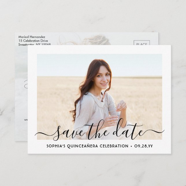 Carte Postale Faire-part Quinceañera Enregistrer la date 2 Photo Élégant Sc (Devant / Derrière)