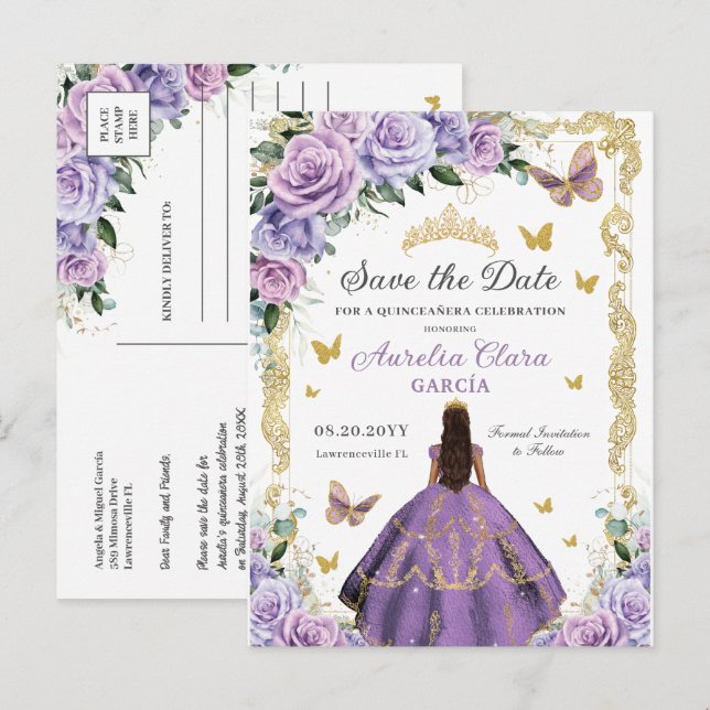 Carte Postale Faire-part Quinceañera lilas violettes rose floral or princes (Devant / Derrière)
