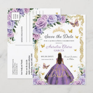 Carte Postale Faire-part Quinceañera Purple Lilac Rose Floral Gold Princess