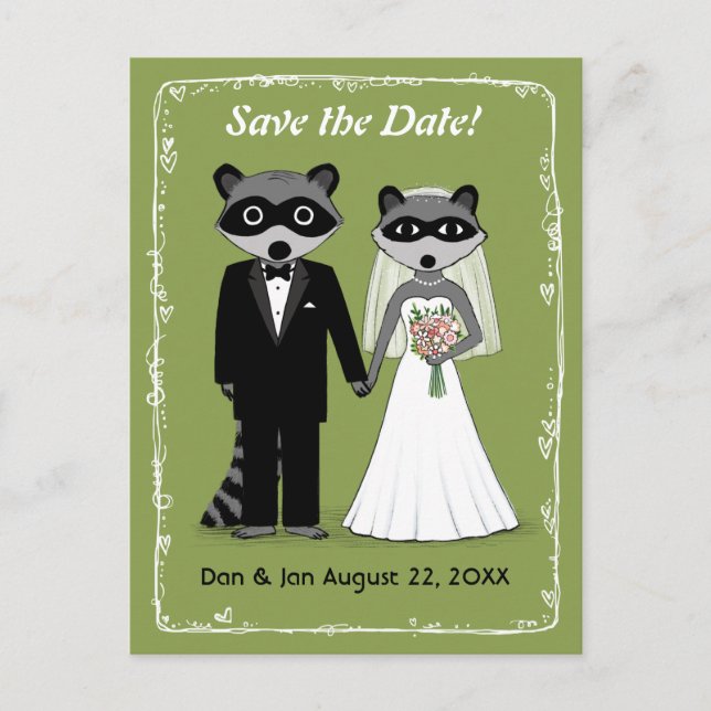 Carte Postale Faire-part Raccoons Mariage Enregistrer la date Vert (Devant)