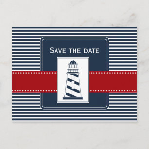 Carte Postale Faire-part rayures de marine, phare, nautique save the date