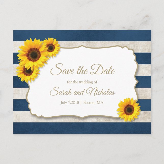 Carte Postale Faire-part Rayures de Tournesol Enregistrer la Date, Mariage  (Devant)