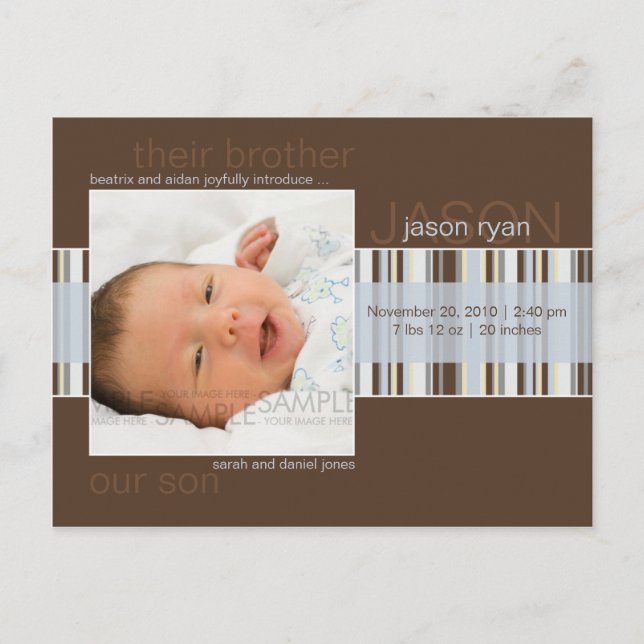 Carte Postale Faire-part Rayures d'hiver Marron • Annonce de naissance (Devant)