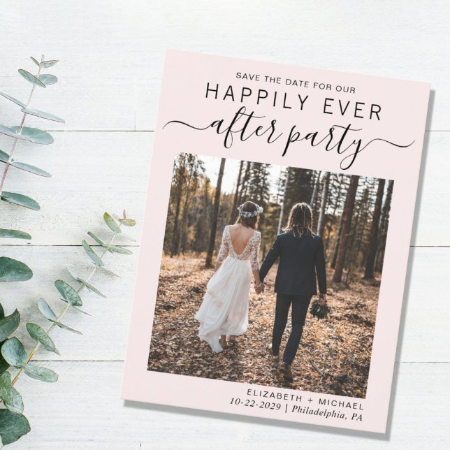 Carte Postale Faire-part Réception de mariage rose Photo Enregistrer la dat (An chic Happily Ever After Party postcard invitation for your wedding celebration)