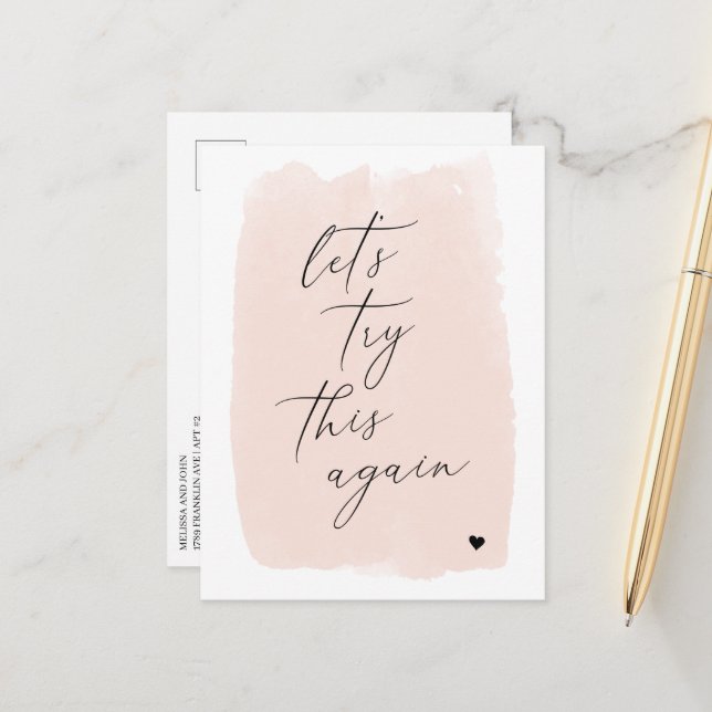 Carte Postale Faire-part Recommençons | Calligraphie Rose Pâle (Devant/Arrière en situation)