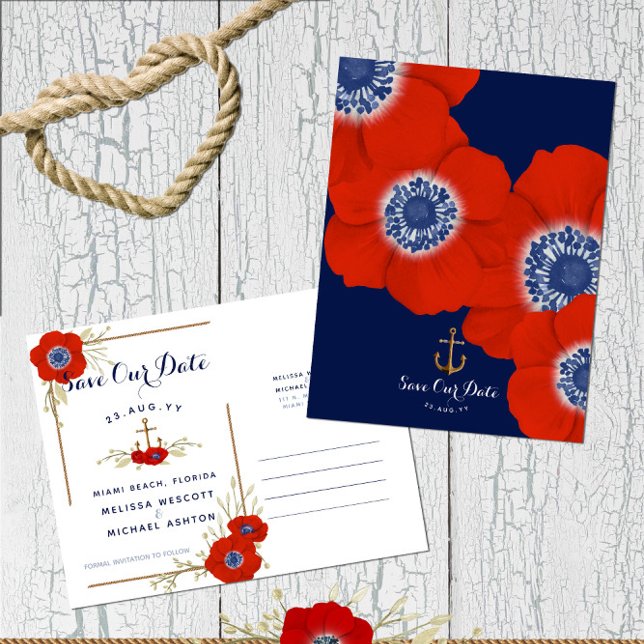 Carte Postale Faire-part Red Anemone Ancre nautique ❤️ budget Enregistrer l (Budget-Friendly Save Our Date with Nautical Theme and Red Anemone | Customize On Screen Now!)