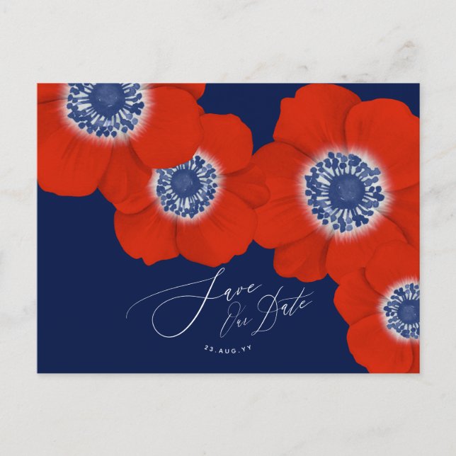 Carte Postale Faire-part Red Anemone Nautical Navy + Ancre Enregistrer la d (Devant)
