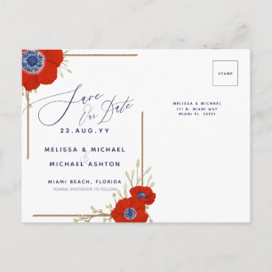 Carte Postale Faire-part Red Anemone Nautical Navy + Ancre Enregistrer la d