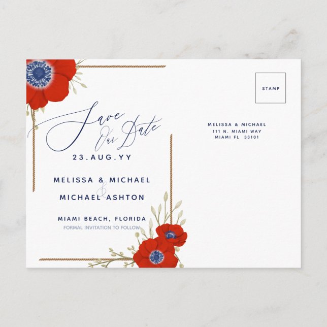 Carte Postale Faire-part Red Anemone Nautical Navy + Ancre Enregistrer la d (Dos)