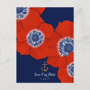 Carte Postale Faire-part Red Anemone Nautical Navy + Ancre Enregistrer la d