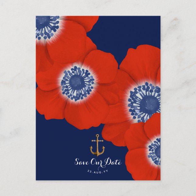 Carte Postale Faire-part Red Anemone Nautical Navy + Ancre Enregistrer la d (Devant)