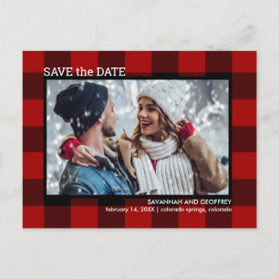 Carte Postale Faire-part Red Buffalo Plaid Photo Wedding Enregistrer la dat
