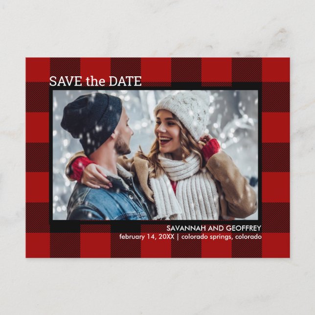 Carte Postale Faire-part Red Buffalo Plaid Photo Wedding Enregistrer la dat (Devant)