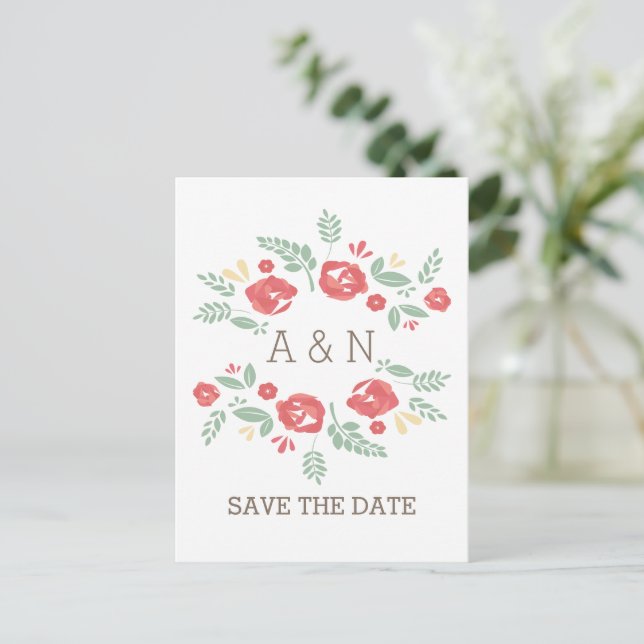 Carte Postale Faire-part Red Country Floral Monogramme Enregistrer la date  (Debout devant)