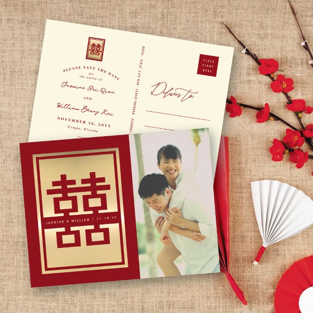 Carte Postale Faire-part Red Double Happiness Photo Chinoise Enregistrer La (Red/Gold Classic Rectangle Double Happiness Photo Chinese Save The Date Announcement Postcard)
