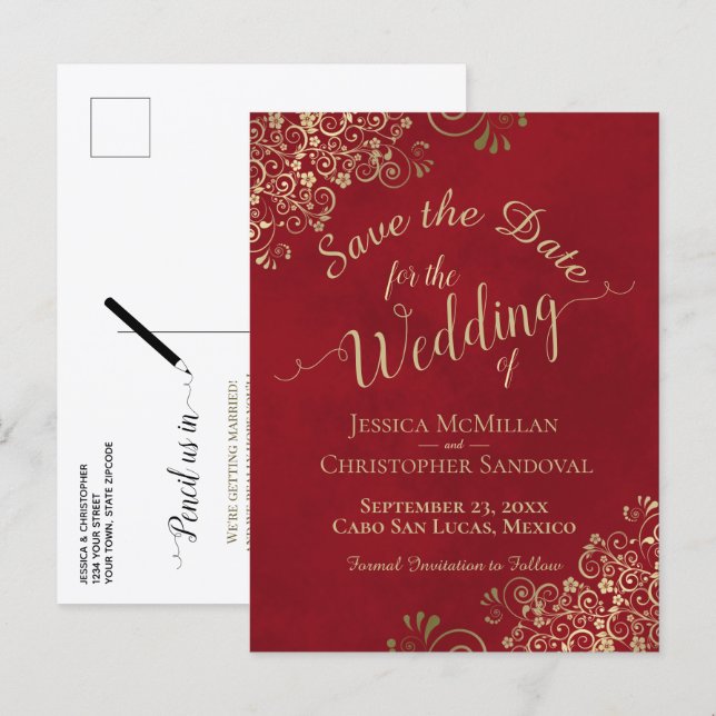 Carte Postale Faire-part Red & Gold Chic Calligraphy Wedding Enregistrer la (Devant / Derrière)