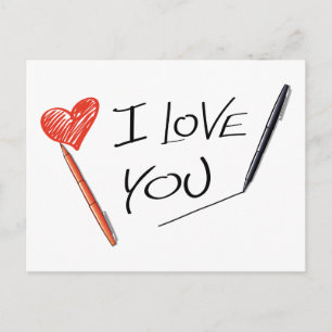 Carte Postale Faire-part Red Heart Black Je t'aime Stylo Mariage Fiançaille
