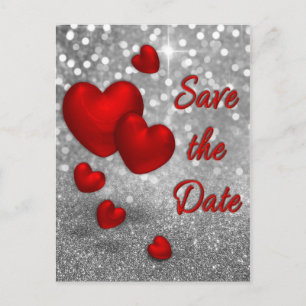 Carte Postale Faire-part Red Hearts on Silver Parties scintillant - Enregis