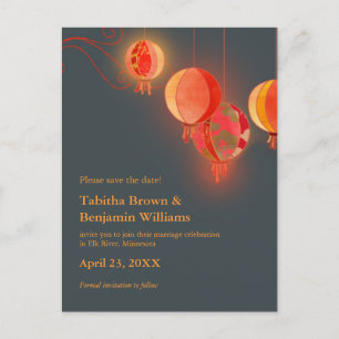 Carte Postale Faire-part Red Lanterns Charcoal Grey Wedding Enregistrer la