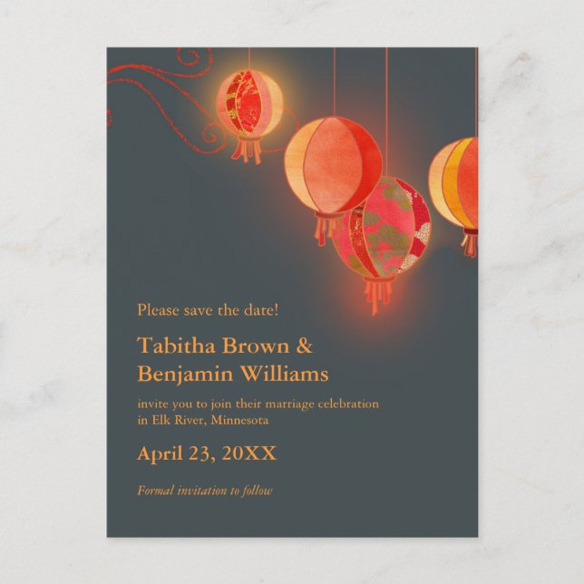 Carte Postale Faire-part Red Lanterns Charcoal Grey Wedding Enregistrer la  (Devant)