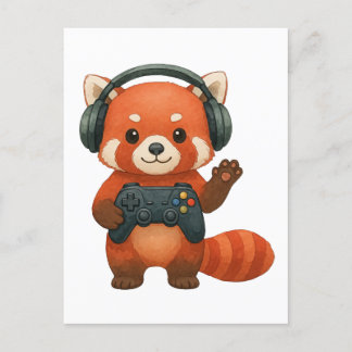 Carte Postale Faire-part Red Panda Gamer, contrôleur de jeu et casques