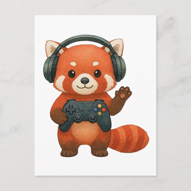 Carte Postale Faire-part Red Panda Gamer, contrôleur de jeu et casques (Devant)